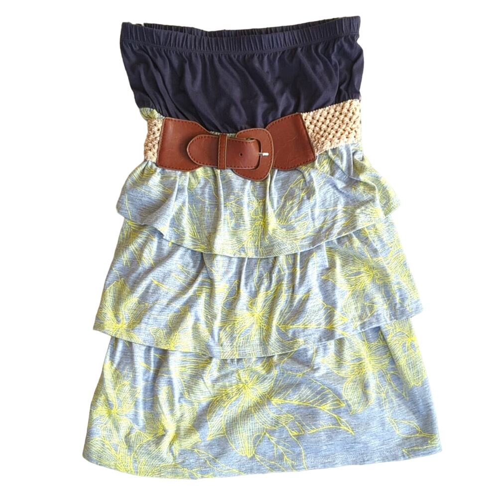 Vintage Y2K 2000s Rewind Belted Floral Ruffle Strapless Summer Mini Dress NWOT